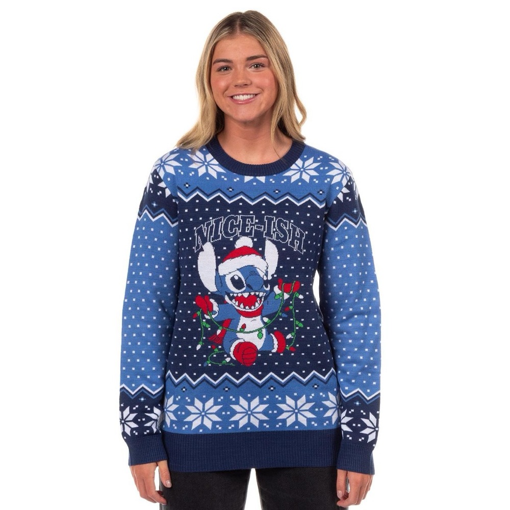 Disney Stitch Men's Nice-Ish Holiday Lights Pullover Crewneck Sweater NIP